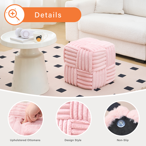Square Ottoman Foot Stool Corduroy Vanity Chair Bench with Padded Woven Footrest for Entryway Living Room Hallway Pink-3