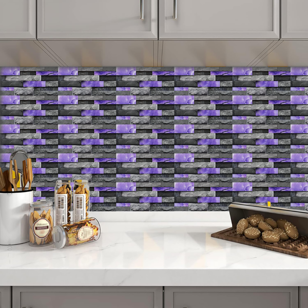 24 Sheets Peel and Stick Backsplash Marble Wall Tiles, Waterproof Oil-proof ,Purple Glossy Imitation Stone brick wall stickers , PVC Shower Wall Panels for Interior Wall Decor; Tile for Kitchen, Bathr-6