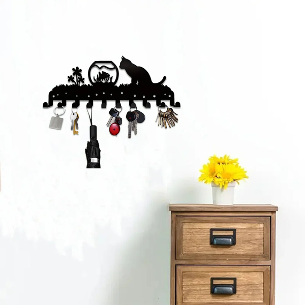 Adorable Kitty - Inspired Metal Wall - Mounted Rack Boasting 10 Hooks, Ideal Decorative Organizer for Walls. Practical and Stylish. Utility Hooks.-7