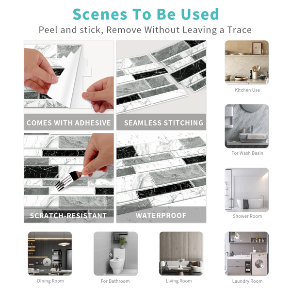 12 PCS Irregular PVC Black White Gray Marble Pattern Classic Imitation Tile Self Adhesive Peel And Stick Wallpaper For Kitchen Bathroom Wallpaper Waterproof Oil-Proof Wallpaper Easy To Install-8