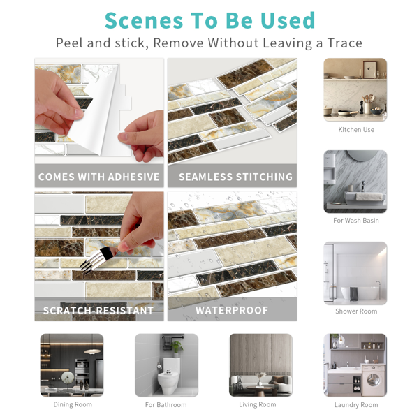 12 PCS Classic Imitation Ceramic Tiles Peel And Stick Backsplash PVC Marble Tile Sticker Waterproof And Oil Proof,Easy To Maintain, Dark Brown Transfer Wall Stickers For Kitchen Bathroom,4.72*9.68inch-8