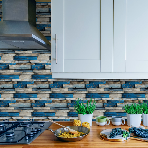 12 Sheets Self Adhesive Blue Irregular Wood Grain Peel And Stick Wallpaper PVC Hanging Decorative Tiles For Kitchen And Bathroom WallsTear Off Without Leaving Marks Oil Resistant And Easy To Maintain-7
