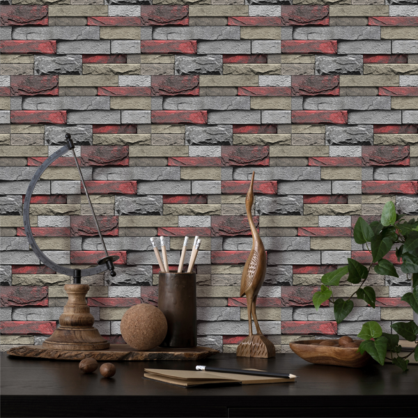 12 Pcs Red Stone Brick Marble Wall Sticker Peel And Stick Wallpaper,PVC Easy To Clean And Water Resistant , For Kitchen Bathroom Backsplash Wall Decoration,(5.91*11.81inch) Retro Wall Stickers-11