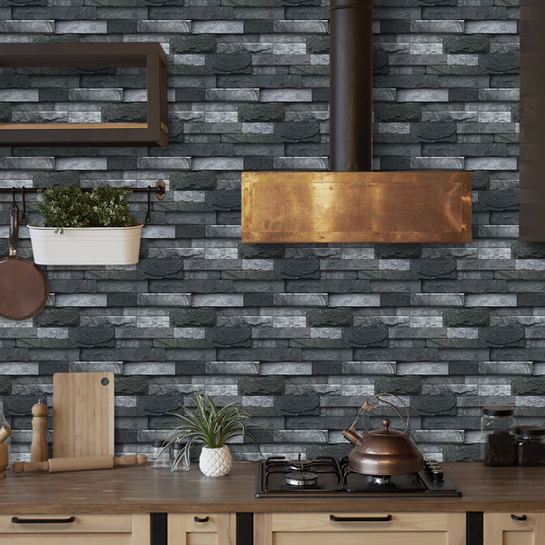 12 Pcs Black Gray Stone Brick Peel And Stick Wallpaper Home Decor Waterproof Self-Adhesive Stickers For Bathroom Kitchen Living Room Backsplash Detachable Without Leaving Glue Easy Installtion-13