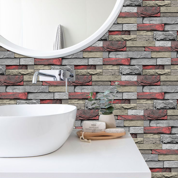 12 Pcs Red Stone Brick Marble Wall Sticker Peel And Stick Wallpaper,PVC Easy To Clean And Water Resistant , For Kitchen Bathroom Backsplash Wall Decoration,(5.91*11.81inch) Retro Wall Stickers-8