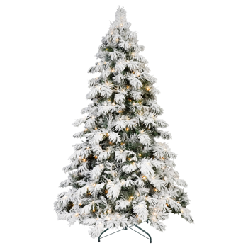Artificial 8ft Flock LED-lit Christmas Tree with 1242PE/PVC Mixed Branch Tips,Hinged Premium & Foldable Base for Indoor Holiday Decorating