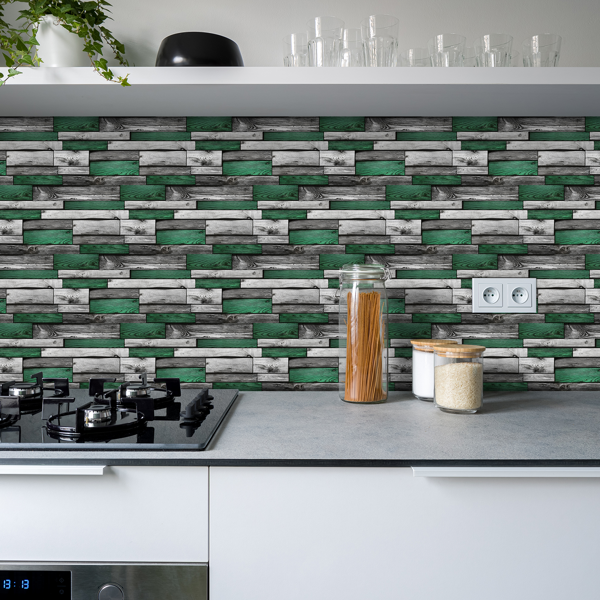 12 Pcs Green Vintage Wood Grain Sticker Peel And Stick Wallpaper,4.72*9.69 Inch,PVC Hanging DecorativeTiles Waterproof,moisture-proof,and oil proof For Kitchen Wall Bathroom Wall Renovation Decoration-7