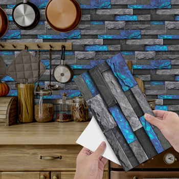 48 Pcs Blue Marble Brick Peel And Stick Wallpaper, Removable Wall Stickers For Bathroom Kitchen Backsplash Hanging Decorative Tiles, PVC Water Resistant Self-Adhesive Stickers For Home Decor