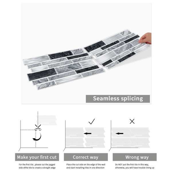 12 PCS Modern Style Alien Marble Pattern Effect PVC Stickers Peel And Stick Wallpaper Waterproof And Oil Resistant, Easy To Maintain Grey And Black Bathroom Kitchen Wall Decor|Interlocking Design-7
