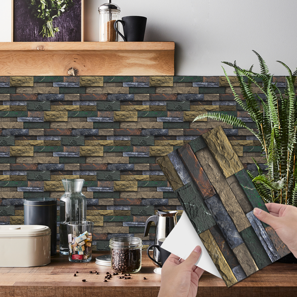 12 Pcs Peel And Stick Backsplash Tiles Retro Stone Brick Self-Adhesive Wall Sticker Backspalsh For Bathroom Kitchen Detachable Without Leaving Glue Water Resistant Oil-Proof PVC Wall Decoration-2