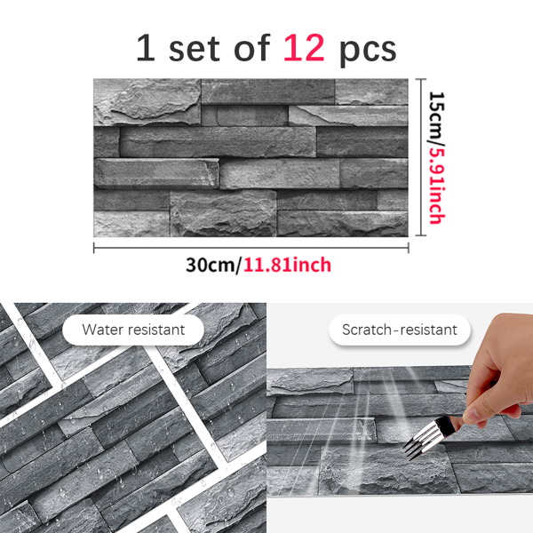 12 Pcs Imitation Stone bricks Grey Wallpaper Bathroom Waterproof Transfer Peel And Stick Backsplash Tile Stickers PVC Wallpaper Kitchen Oil Resistant Tile Decals Home Decoration wall paper-3