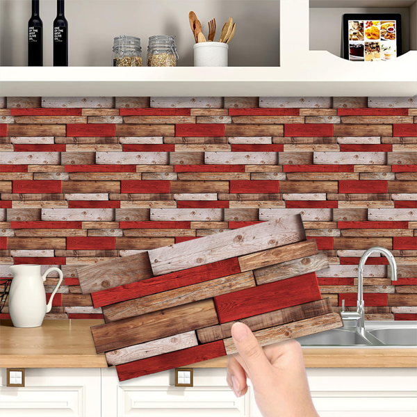 12 Pcs Retro Red Shaped Wood Grain Self-Adhesive Wallpaper PVC Waterproof Oil Proof Detachable Without Leaving Glue Country Style For Kitchen,Bathroom ,Can Be Cut At Will Decoration Wall Wallpaper-1