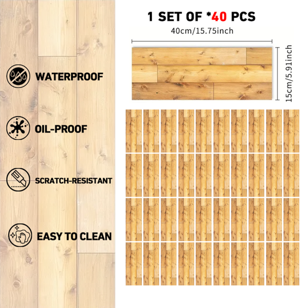 40 Pcs Grain Self-Adhesive Non-Slip Floor Stickers, Durable PVC Peel-And-Stick Waterproof And Oil-proof Tile Decals For Kitchen, Removable Floor Decor For Living Room Bathroom, Home Decoration-2