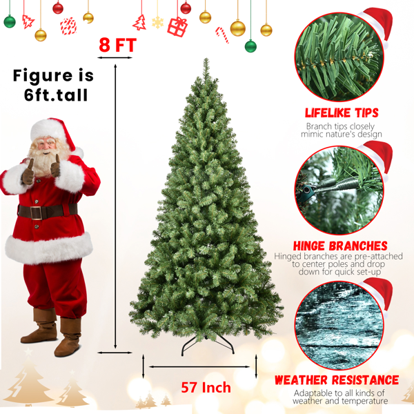 Artificial 8ft Green LED-lit Christmas Tree with 1460PVC Mixed Branch Tips,Hinged Premium & Foldable Base for Indoor Holiday Decorating-3