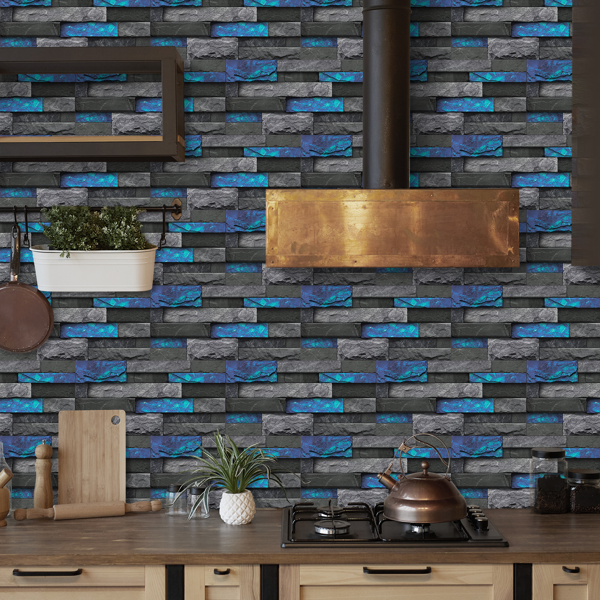 12Pcs Blue Marble Brick Peel And Stick Wallpaper, Removable Wall Stickers For Bathroom Kitchen Backsplash Hanging Decorative Tiles, PVC Water Resistant Self-Adhesive Stickers For Home Decor-8