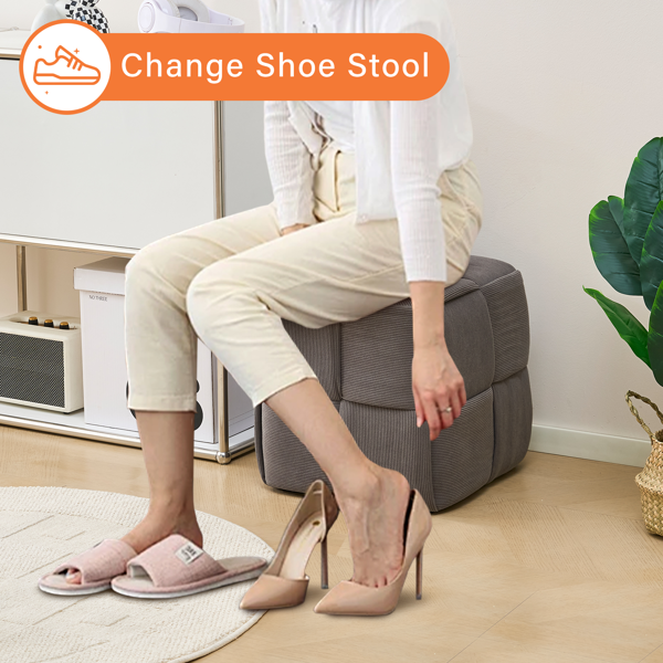 Square Ottoman Foot Stool Corduroy Vanity Chair Bench with Padded Woven Footrest for Entryway Living Room Hallway Grey-4
