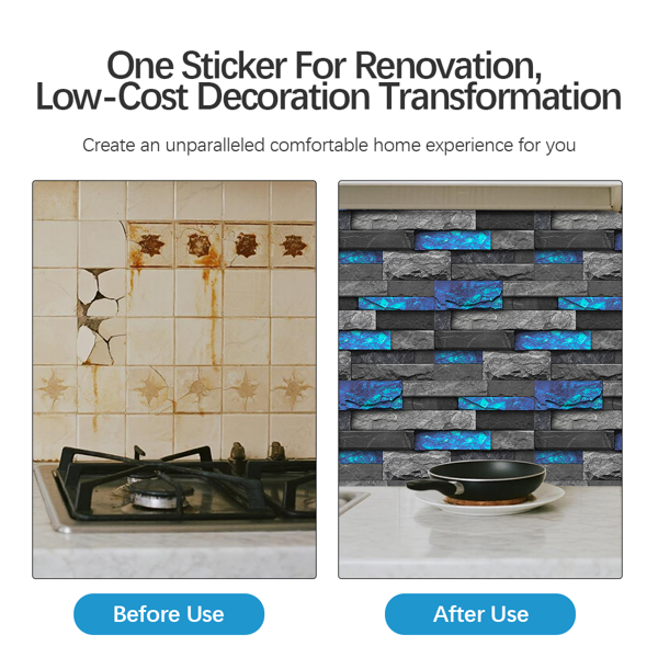 12Pcs Blue Marble Brick Peel And Stick Wallpaper, Removable Wall Stickers For Bathroom Kitchen Backsplash Hanging Decorative Tiles, PVC Water Resistant Self-Adhesive Stickers For Home Decor-3