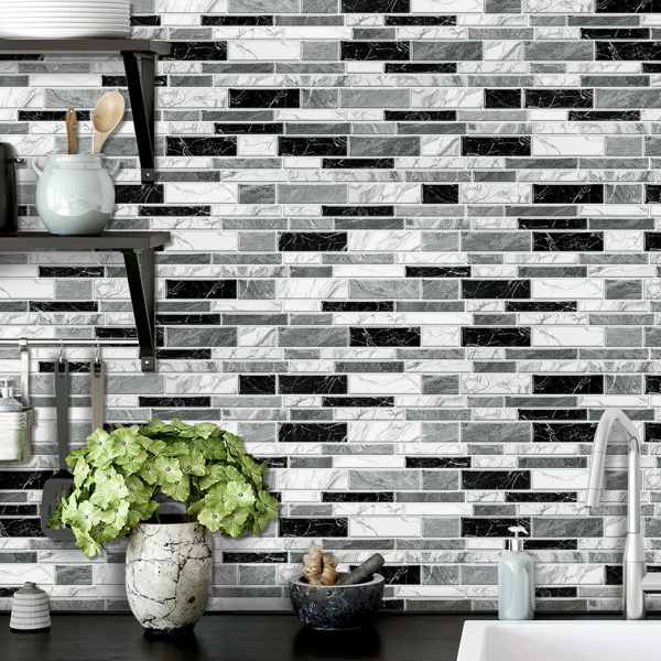 12 PCS Irregular PVC Black White Gray Marble Pattern Classic Imitation Tile Self Adhesive Peel And Stick Wallpaper For Kitchen Bathroom Wallpaper Waterproof Oil-Proof Wallpaper Easy To Install-13