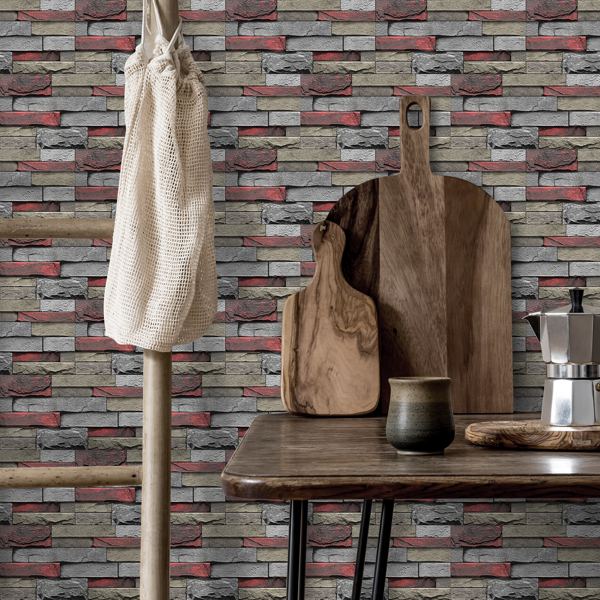 12 Pcs Red Stone Brick Marble Wall Sticker Peel And Stick Wallpaper,PVC Easy To Clean And Water Resistant , For Kitchen Bathroom Backsplash Wall Decoration,(5.91*11.81inch) Retro Wall Stickers-10