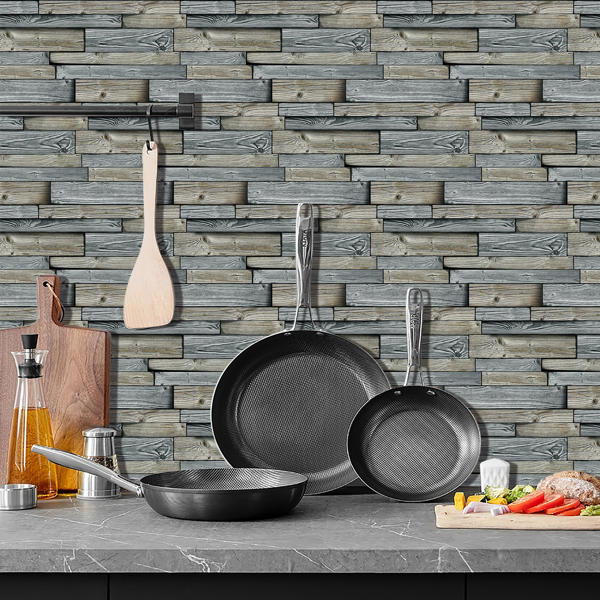 12 Pcs/Set Irregular Color Blocked Wood Grain Peel And Stick Wallpaper PVC Water Resistant  And Oil Proof Hanging Decorative Tiles For Kitchen Bathroom, 4.72*9.69inch Grey,Retro Wall Paper-5