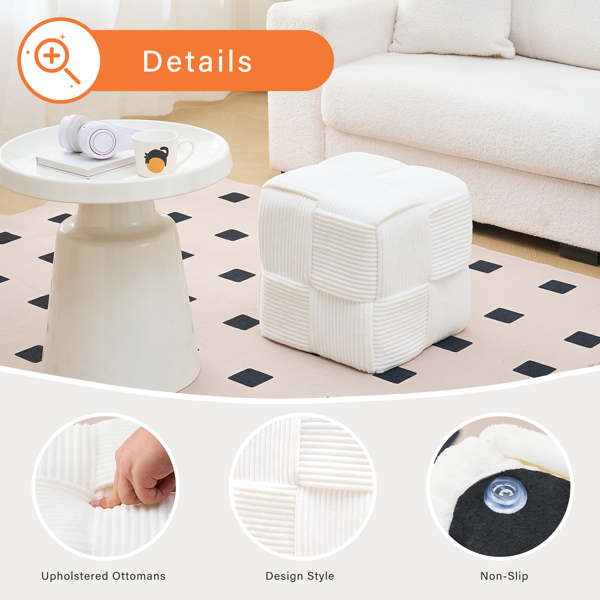 Square Ottoman Foot Stool Corduroy Vanity Chair Bench with Padded Woven Footrest for Entryway Living Room Hallway White-3
