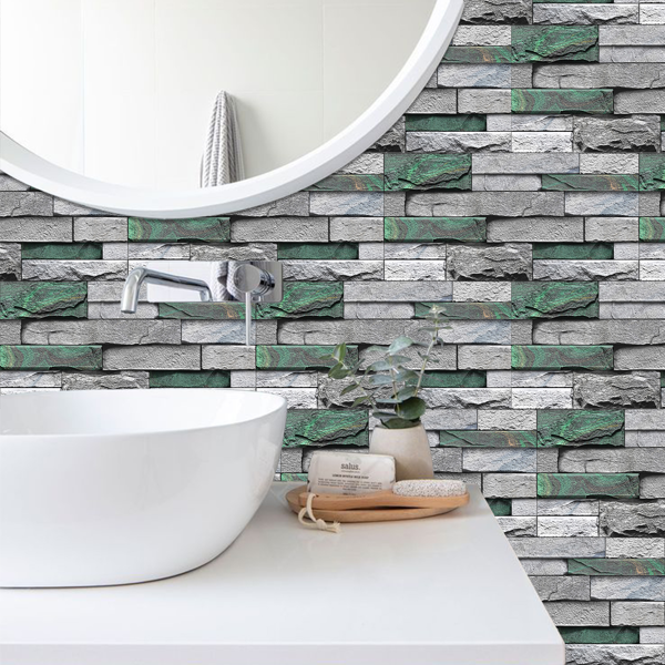 12 Pcs Realistic Green Stone Brick Peel And Stick Wallpaper Removable Self-Adhesive PVC Waterproof And Moisture-Proof Easy Diy Installation For Kitchen Backsplash, Walls, Bathroom Wall Decoration-9