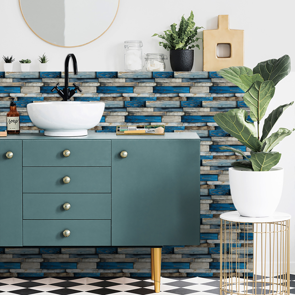 12 Sheets Self Adhesive Blue Irregular Wood Grain Peel And Stick Wallpaper PVC Hanging Decorative Tiles For Kitchen And Bathroom WallsTear Off Without Leaving Marks Oil Resistant And Easy To Maintain-6