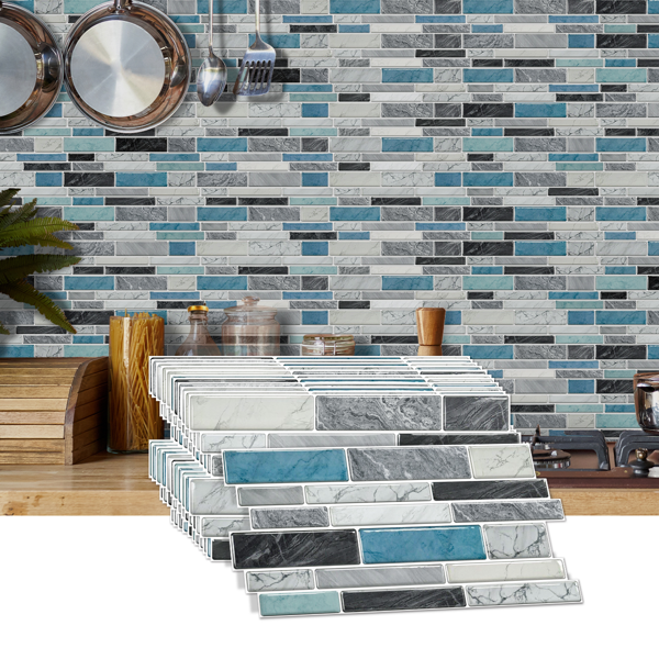 12 PCS Marbled Effect Waterproof Oil-Proof Peel And Stick Tile Stickers Blue Green For Kitchen Bathroom Laundry Room Wall Decor, Bathroom Wall Stickers Wall Decoration (12*24.6cm/4.72*9.68inch)-1