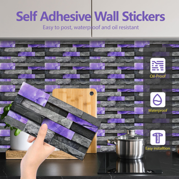 48 Sheets Peel and Stick Backsplash Marble Wall Tiles, Waterproof Oil-proof ,Purple Glossy Imitation Stone brick wall stickers , PVC Shower Wall Panels for Interior Wall Decor; Tile for Kitchen, Bathr