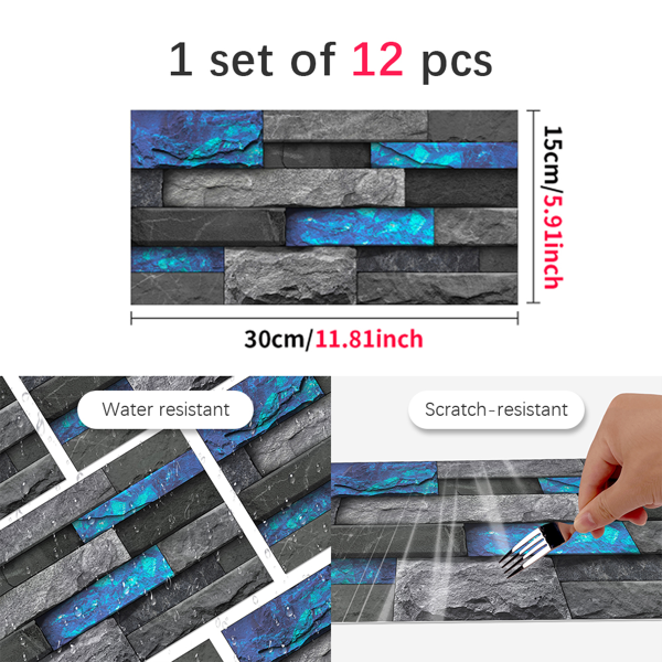 12Pcs Blue Marble Brick Peel And Stick Wallpaper, Removable Wall Stickers For Bathroom Kitchen Backsplash Hanging Decorative Tiles, PVC Water Resistant Self-Adhesive Stickers For Home Decor-4