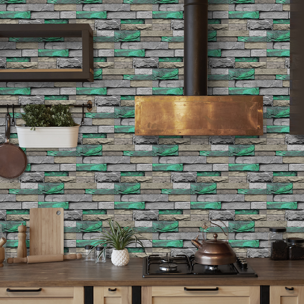 48 Pcs Green Brick Stone Pattern Peel And Stick Wallpaper Self-Adhesive,Detachable Without Leaving Glue,Water Resistant Oil-Proof Wall Paper For Bathroom, Kitchen, Home Decoration, Wall Renovation-12