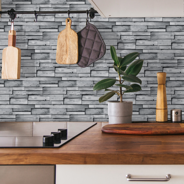 12Pcs Peel And Stick Grain Wallpaper Water resistant Oil-Proof Wall Tiles Stick On Kitchen Backsplash  Light Gray Bathroom Decor And Accessories Low Cost Wall Renovation,Rental Housing Wall Decoration-9