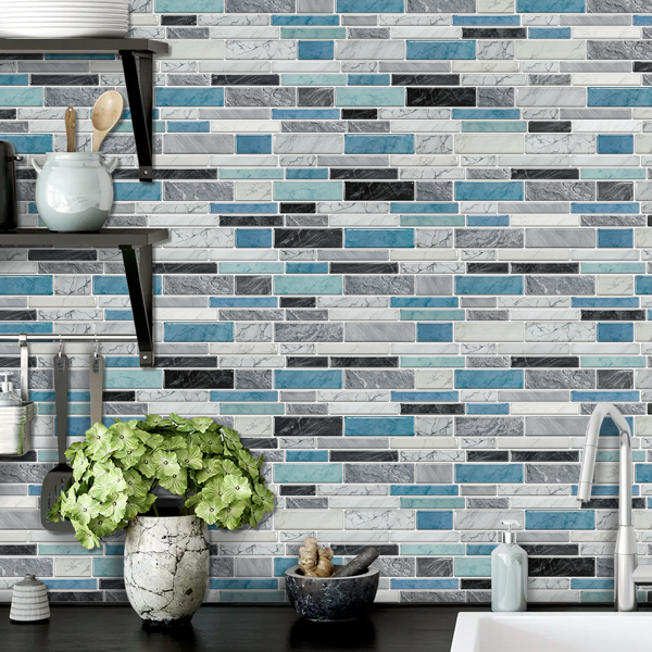 12 PCS Marbled Effect Waterproof Oil-Proof Peel And Stick Tile Stickers Blue Green For Kitchen Bathroom Laundry Room Wall Decor, Bathroom Wall Stickers Wall Decoration (12*24.6cm/4.72*9.68inch)-13