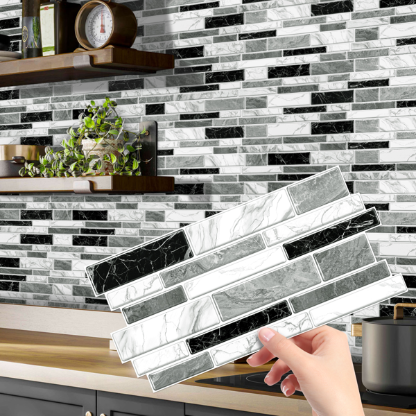 12 PCS Irregular PVC Black White Gray Marble Pattern Classic Imitation Tile Self Adhesive Peel And Stick Wallpaper For Kitchen Bathroom Wallpaper Waterproof Oil-Proof Wallpaper Easy To Install-2