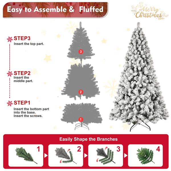 Artificial 8ft Flock LED-lit Christmas Tree with 1460PVC Mixed Branch Tips,Hinged Premium & Foldable Base for Indoor Holiday Decorating-4