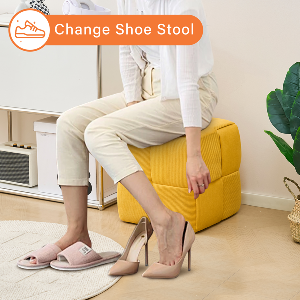 Square Ottoman Foot Stool Corduroy Vanity Chair Bench with Padded Woven Footrest for Entryway Living Room Hallway Yellow-5