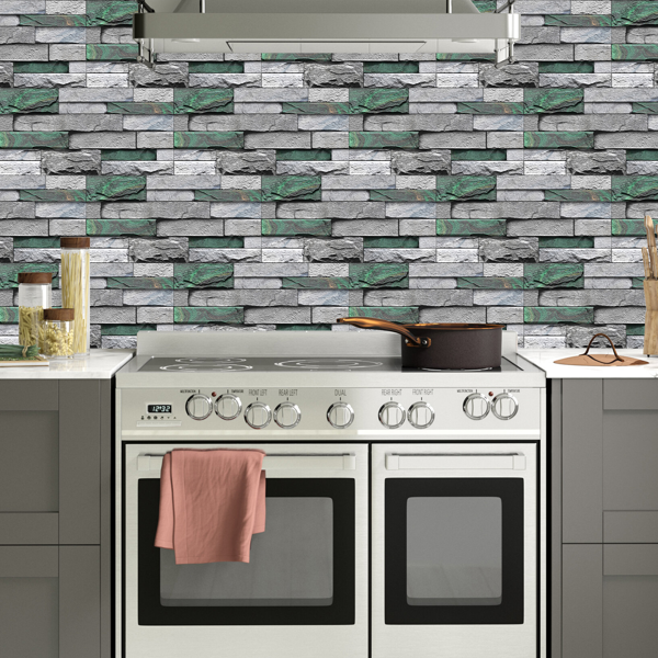 12 Pcs Realistic Green Stone Brick Peel And Stick Wallpaper Removable Self-Adhesive PVC Waterproof And Moisture-Proof Easy Diy Installation For Kitchen Backsplash, Walls, Bathroom Wall Decoration-12