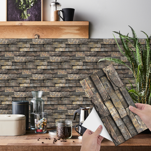 12 Pcs Retro Brown Stone Brick Marble Effect Peel And Stick Wallpaper,Water resistant ,Easy Installation Without Damaging The Wall Easy DIY Home Renovation, Kitchen Bathroom Wall Tiles Backsplash-2