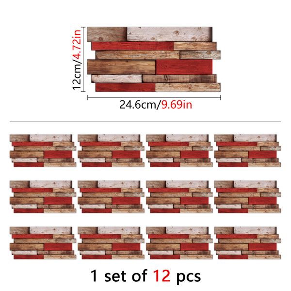 12 Pcs Retro Red Shaped Wood Grain Self-Adhesive Wallpaper PVC Waterproof Oil Proof Detachable Without Leaving Glue Country Style For Kitchen,Bathroom ,Can Be Cut At Will Decoration Wall Wallpaper-2