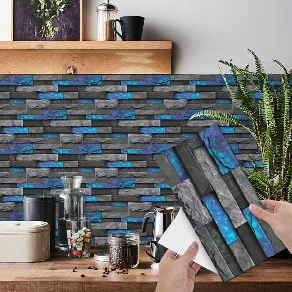 12Pcs Blue Marble Brick Peel And Stick Wallpaper, Removable Wall Stickers For Bathroom Kitchen Backsplash Hanging Decorative Tiles, PVC Water Resistant Self-Adhesive Stickers For Home Decor-2