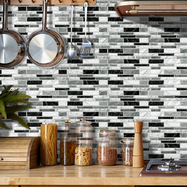 12 PCS Irregular PVC Black White Gray Marble Pattern Classic Imitation Tile Self Adhesive Peel And Stick Wallpaper For Kitchen Bathroom Wallpaper Waterproof Oil-Proof Wallpaper Easy To Install-11