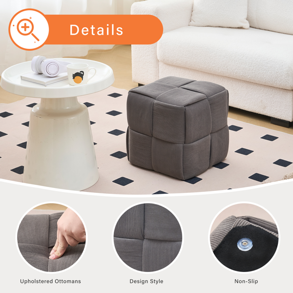 Square Ottoman Foot Stool Corduroy Vanity Chair Bench with Padded Woven Footrest for Entryway Living Room Hallway Grey-3