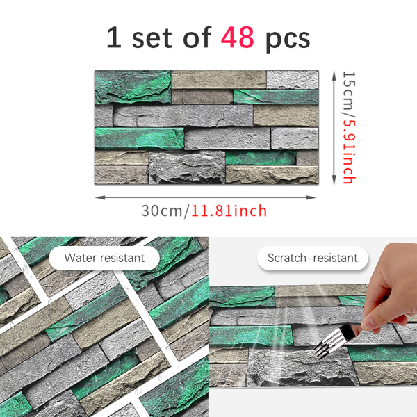 48 Pcs Green Brick Stone Pattern Peel And Stick Wallpaper Self-Adhesive,Detachable Without Leaving Glue,Water Resistant Oil-Proof Wall Paper For Bathroom, Kitchen, Home Decoration, Wall Renovation-4