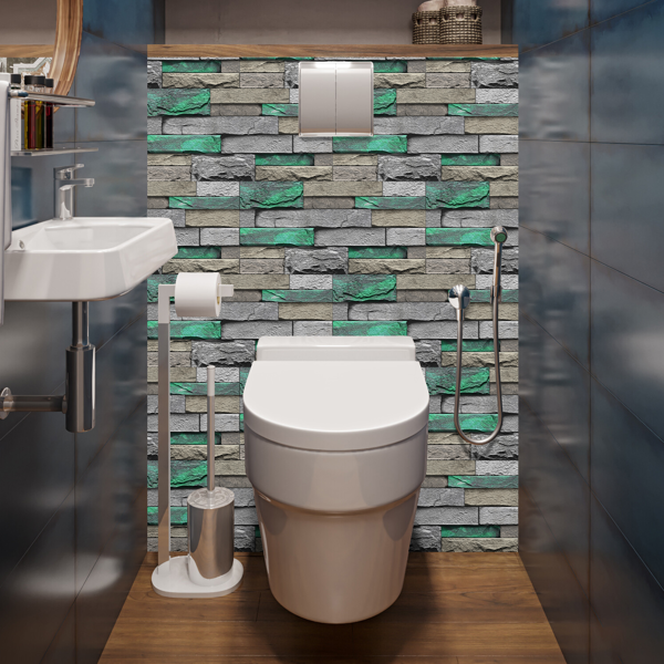 48 Pcs Green Brick Stone Pattern Peel And Stick Wallpaper Self-Adhesive,Detachable Without Leaving Glue,Water Resistant Oil-Proof Wall Paper For Bathroom, Kitchen, Home Decoration, Wall Renovation-13