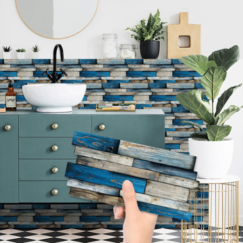 24 Sheets Self Adhesive Blue Irregular Wood Grain Peel And Stick Wallpaper PVC Hanging Decorative Tiles For Kitchen And Bathroom WallsTear Off Without Leaving Marks Oil Resistant And Easy To Maintain