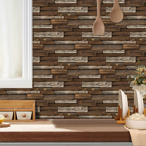 12 Sheets Self Adhesive Brown Irregular Wood Grain Peel And Stick Wallpaper, Hanging Decorative Tiles,PVC Water resistant Oil Resistant For Kitchen And Bathroom Decoration, Easy To Stick And Remove-6