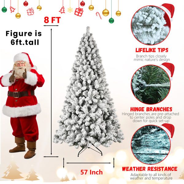Artificial 8ft Flock LED-lit Christmas Tree with 1460PVC Mixed Branch Tips,Hinged Premium & Foldable Base for Indoor Holiday Decorating-3
