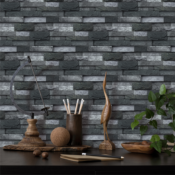 12 Pcs Black Gray Stone Brick Peel And Stick Wallpaper Home Decor Waterproof Self-Adhesive Stickers For Bathroom Kitchen Living Room Backsplash Detachable Without Leaving Glue Easy Installtion-11