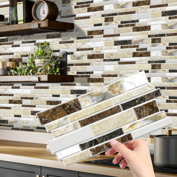 12 PCS Classic Imitation Ceramic Tiles Peel And Stick Backsplash PVC Marble Tile Sticker Waterproof And Oil Proof,Easy To Maintain, Dark Brown Transfer Wall Stickers For Kitchen Bathroom,4.72*9.68inch-2