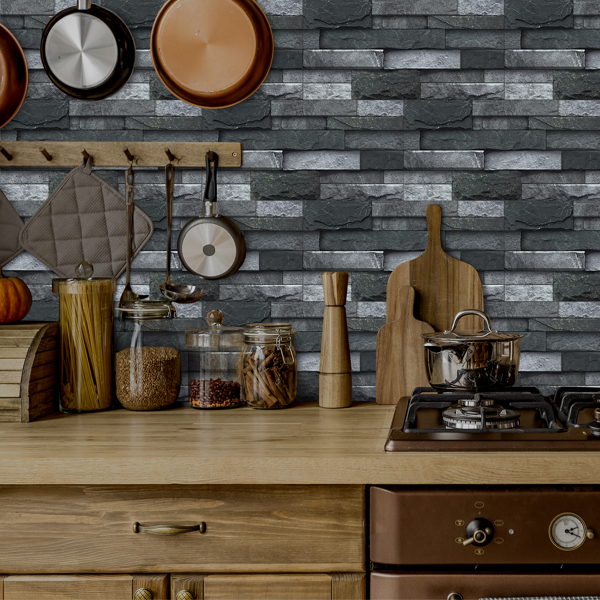 12 Pcs Black Gray Stone Brick Peel And Stick Wallpaper Home Decor Waterproof Self-Adhesive Stickers For Bathroom Kitchen Living Room Backsplash Detachable Without Leaving Glue Easy Installtion-14